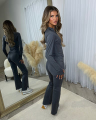 Claire Sculpt Jacket & Flared Trouser Set- Charcoal