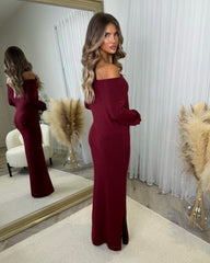 Sofia Cowl Neck Knitted Maxi Dress - Wine