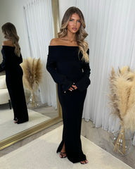 Sofia Cowl Neck Knitted Maxi Dress - Black