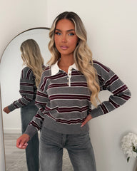 Remi Collared Stripe Button Jumper - Grey/Burgundy