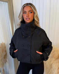 Florence High Neck Double Breasted Trench Coat Style Jacket - Black