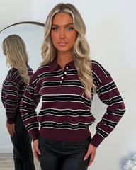 Remi Collared Stripe Button Jumper - Burgundy/Black