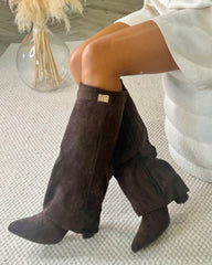 Serena Knee High Fold Over Suede Boots- Chocolate