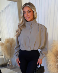 Eliana Short Trench Jacket with Ruched Shoulders - Mocha