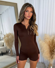 Long Sleeve open Back Ruched Bum Playsuit - Chocolate