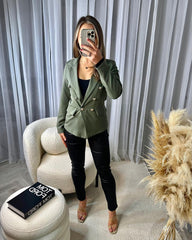 Thea Fitted Gold Button Blazer- Khaki