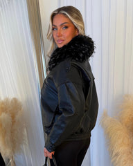 Isadora Faux Fur Collared Leather Jacket - Black