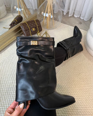 Vera Suede Fold-Over Mid-Calf Heeled Boots - Black Pu
