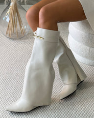 Ria Knee High Fold-Over Boots with Gold Detail- White PU