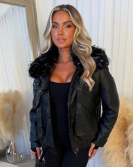 Isadora Faux Fur Collared Leather Jacket - Black