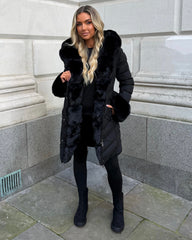 Emma Padded Faux Fur Trim Belted Coat - Black