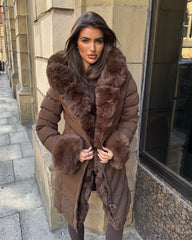 Emma Padded Faux Fur Trim Belted Coat - Chocolate