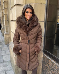 Emma Padded Faux Fur Trim Belted Coat - Chocolate