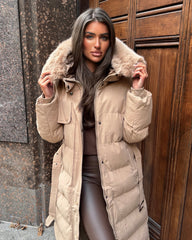 Chantel Long Padded Faux Fur Hooded Coat - Camel