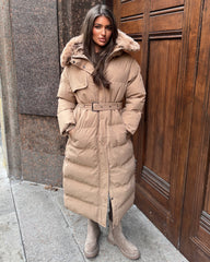 Chantel Long Padded Faux Fur Hooded Coat - Camel
