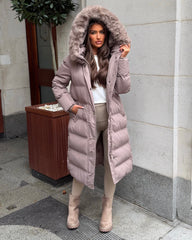 Keke Long Quilted Faux Fur Hood Coat- Taupe