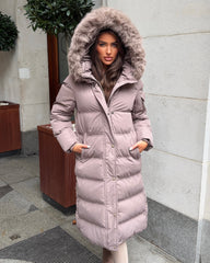 Keke Long Quilted Faux Fur Hood Coat- Taupe