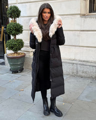 Mia Faux Fur Pull in Waist Long Padded Coat - Black/Beige