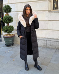 Mia Faux Fur Pull in Waist Long Padded Coat - Black/Beige
