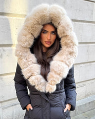 Arielle Long Padded Coat with Faux Fur Trim Hood - Black/Beige