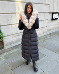 Arielle Long Padded Coat with Faux Fur Trim Hood - Black/Beige