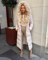 Arielle Long Padded Coat with Faux Fur Trim Hood - Beige