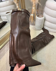 Kasia Knee High Fold Over Heels Boots - Chocolate