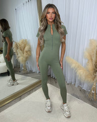 Ayla Short Sleeve Sculpt Jumpsuit- Khaki