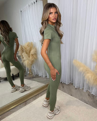 Ayla Short Sleeve Sculpt Jumpsuit- Khaki