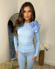 Esme Frill Shoulder Ribbed Lounge Set - Sky Blue