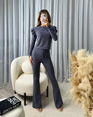 Hollie Ribbed Round Neck Frill Sleeve Detail Top & Trouser Set - Charcoal