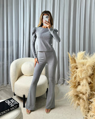 Hollie Ribbed Round Neck Frill Sleeve Detail Top & Trouser Set - Light Grey
