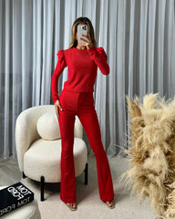 Hollie Ribbed Round Neck Frill Sleeve Detail Top & Trouser Set - Red