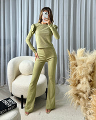 Hollie Ribbed Round Neck Frill Sleeve Detail Top & Trouser Set - Sage Green
