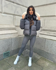 Lucinda Short Padded Faux Fur Trim Coat- Grey