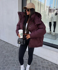 Phoebe Oversized Quilted Bomber Jacket with Hood - Burgundy