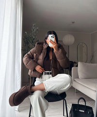 Millie Oversized Short Padded Bomber Jacket with Hood - Chocolate
