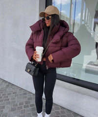 Millie Oversized Short Padded Bomber Jacket with Hood - Burgundy