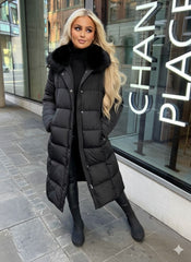 Poppy Long Quilted Faux Fur Hood Coat - Black