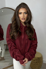 Rachael Ruched Sleeve Hoodie with Ribbon Detail - Wine