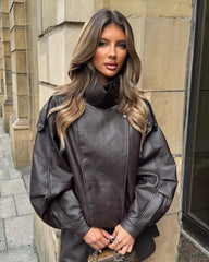 Cleo High Neck Elasticated Detail Faux Leather Jacket - Chocolate