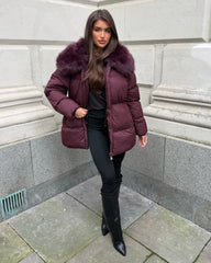 Aveline Faux Fur Collar Detail Jacket - Burgundy