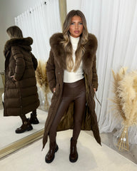 Mia Faux Fur Pull in Waist Long Padded Coat - Chocolate