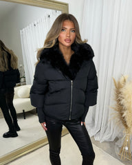 Ruby Hooded Padded Coat with Faux Fur Trim - Black