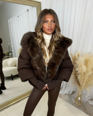 Ruby Hooded Padded Coat with Faux Fur Trim - Chocolate