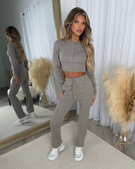 Eliza Ribbed Round Neck Button Up Corset Style Top & Trouser Set - Dove Grey