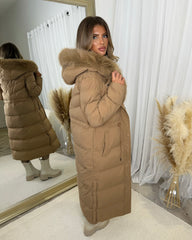 Mia Faux Fur Pull in Waist Long Padded Coat - Camel