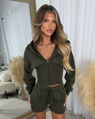 LACEY Corset Design Hooded Zip Jacket with Shorts Set - Khaki