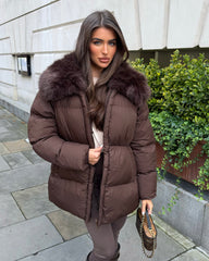Aveline Faux Fur Collar Detail Jacket - Brown
