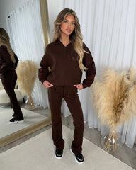 Bethan Zip up Bomber Jacket & Flares Set - Chocolate